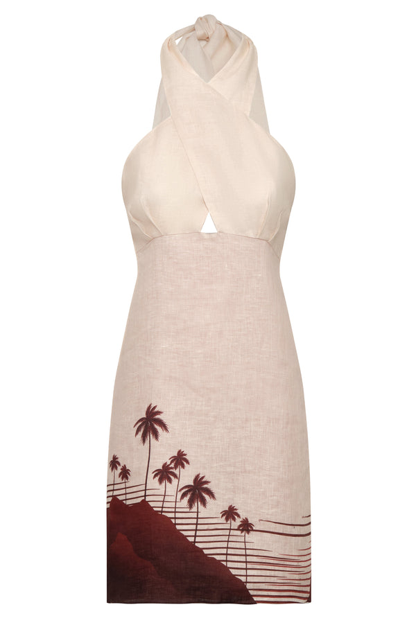 Costa del Sol Linen Mini Dress / Red Tropical Landscape